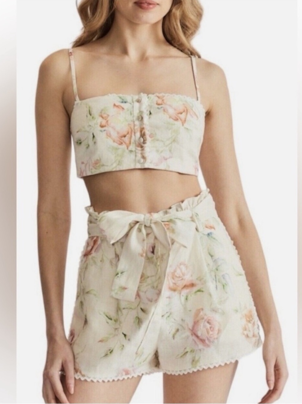 CAROLINE CONSTAS Linen Crop Top & Short Rose Print Set SZ XXS. L#35